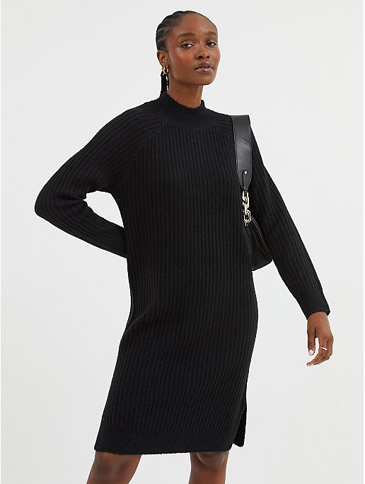 Black Ribbed Funnel Neck Knitted Mini Dress